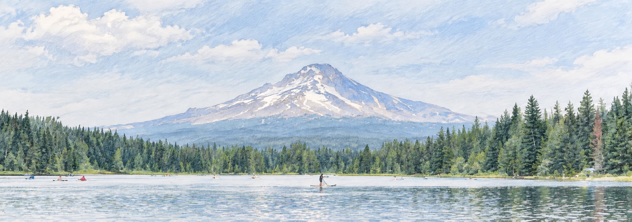 Mount Hood above a forest and lake, illustrated in colored pencil